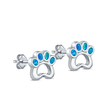 Paw Print Stud Earrings Lab Created Blue Opal 925 Sterling Silver (13mm)